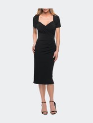 Ruched Jersey Below the Knee Dress with Short Sleeves - Black
