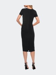 Ruched Jersey Below the Knee Dress with Short Sleeves