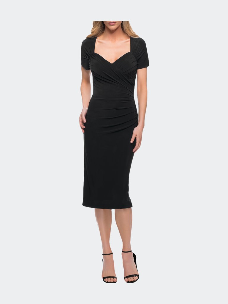 Ruched Jersey Below the Knee Dress with Short Sleeves - Black