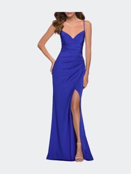 Ruched Jersey Gown With Intricate Lace Up Back - Royal Blue