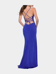 Ruched Jersey Gown With Intricate Lace Up Back