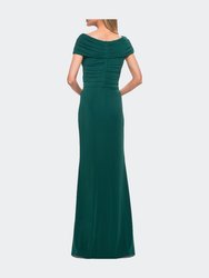 Ruched Jersey Long Gown with V-Neckline