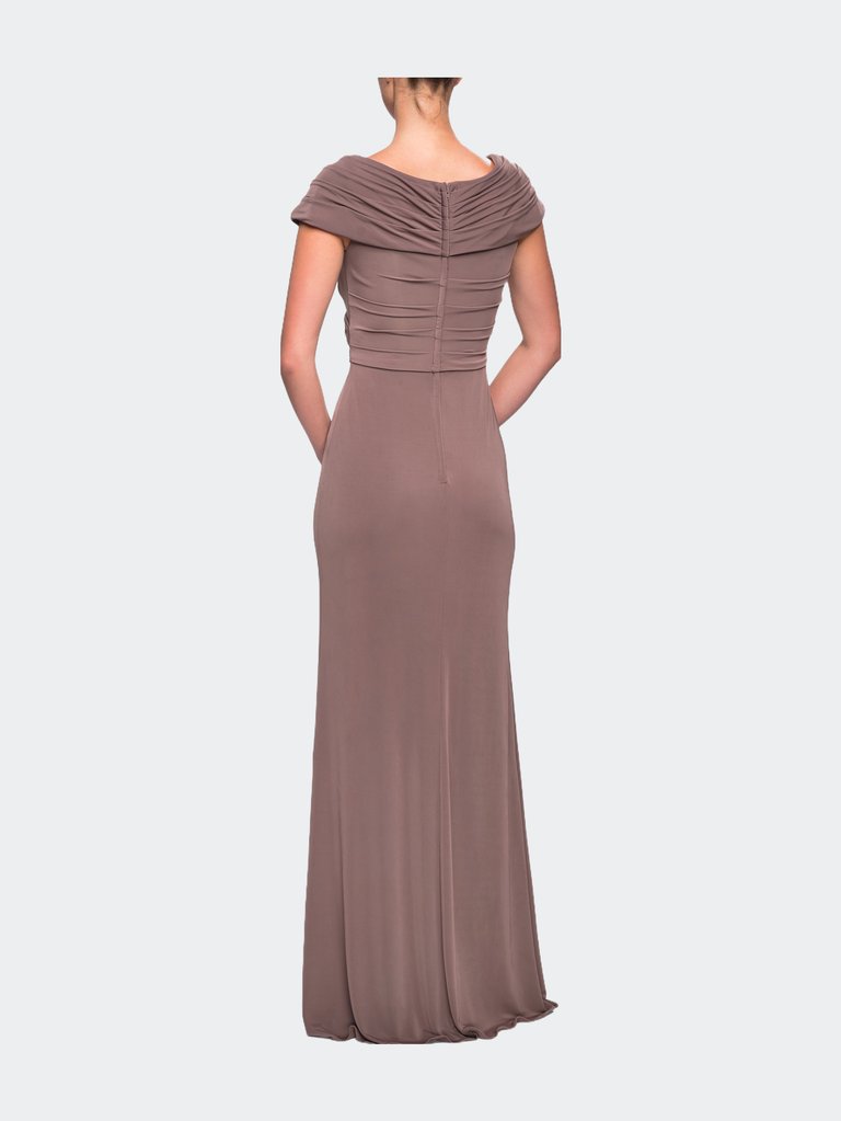 Ruched Jersey Long Gown with V-Neckline