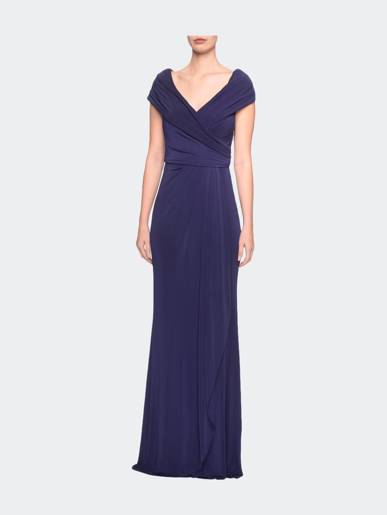 Ruched Jersey Long Gown with V-Neckline - Navy