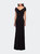 Ruched Jersey Long Gown with V-Neckline - Black