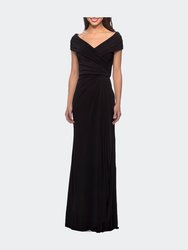 Ruched Jersey Long Gown with V-Neckline - Black