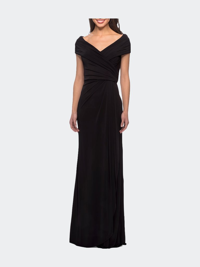 Ruched Jersey Long Gown with V-Neckline - Black