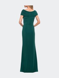 Ruched Jersey Long Gown with V-Neckline