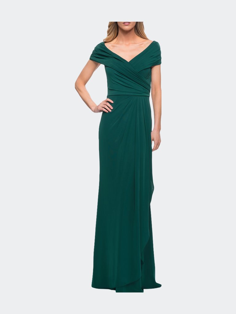 Ruched Jersey Long Gown with V-Neckline - Emerald