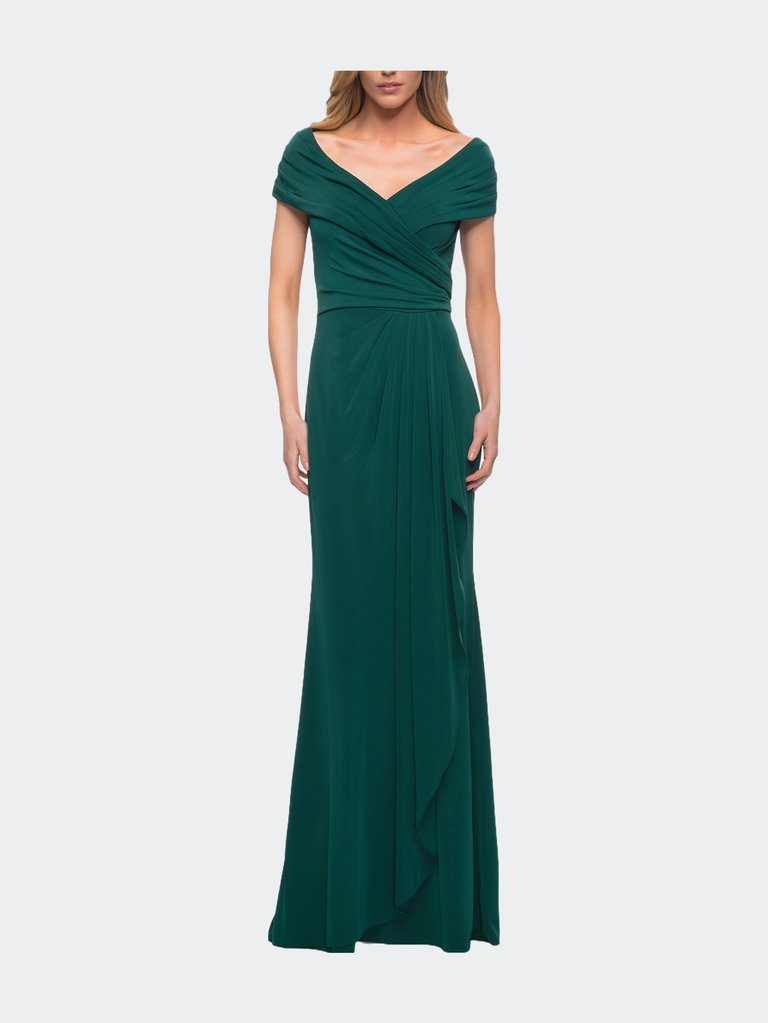 Ruched Jersey Long Gown with V-Neckline