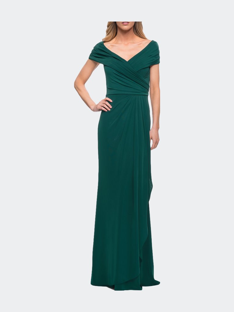 Ruched Jersey Long Gown with V-Neckline - Emerald