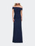 Ruched Off the Shoulder Net Jersey Evening Dress - Navy