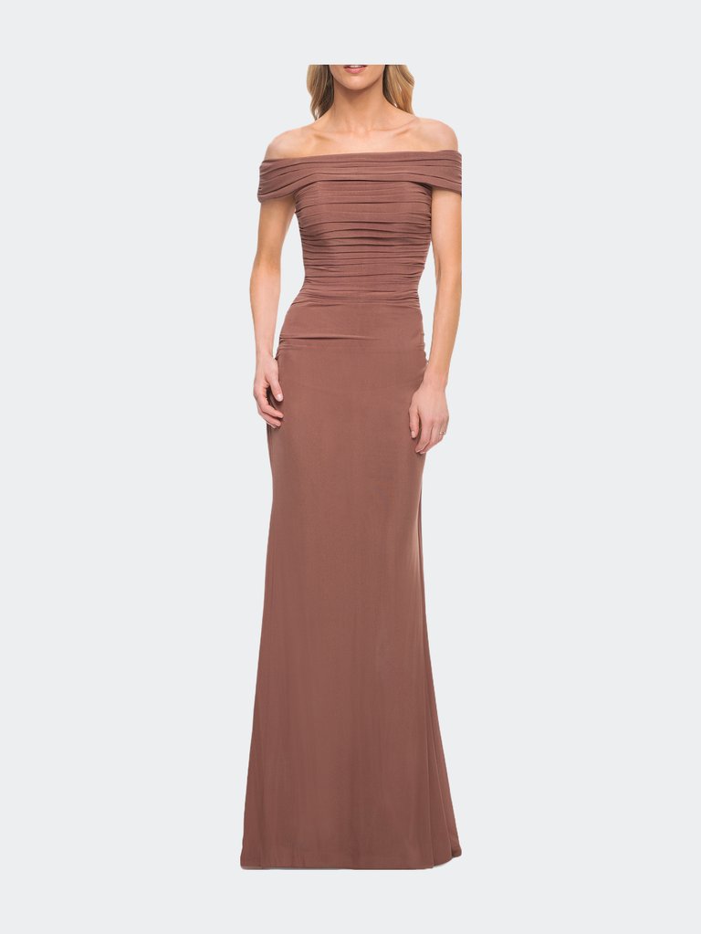 Ruched Off the Shoulder Net Jersey Evening Dress - Cocoa