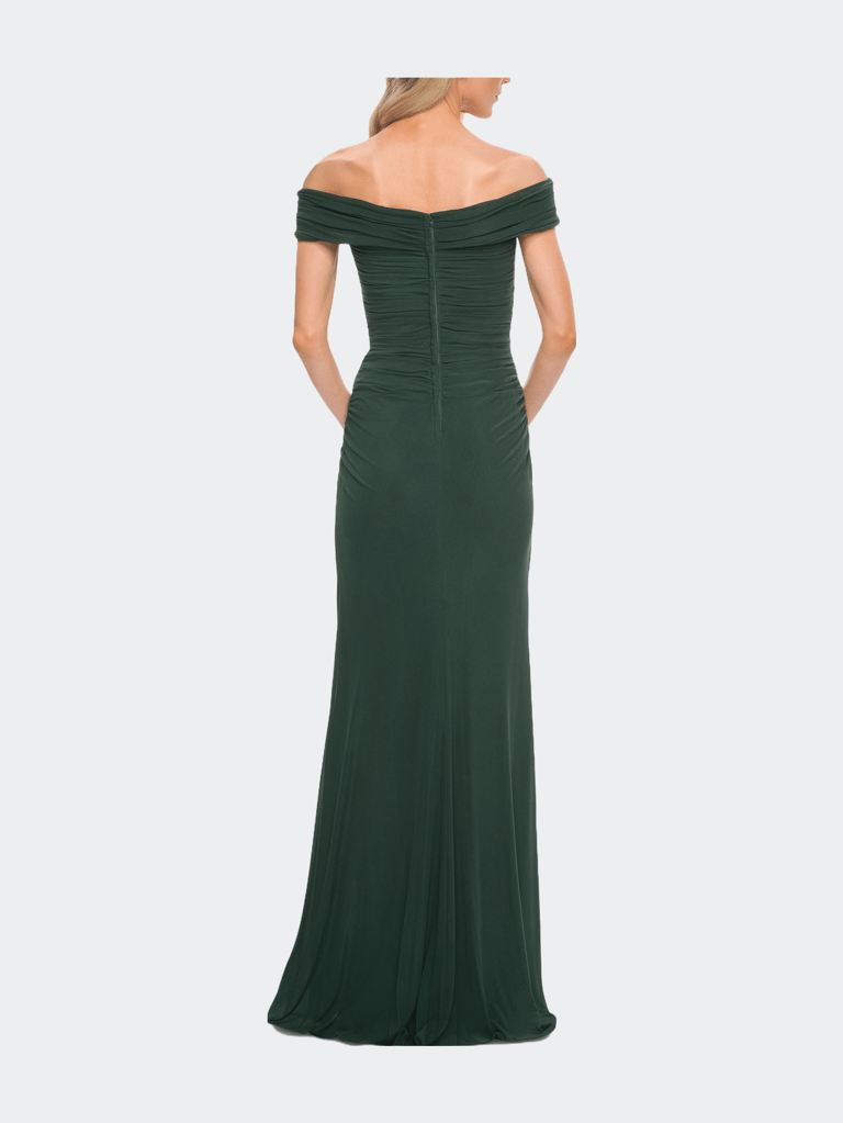 Ruched Off the Shoulder Net Jersey Evening Dress