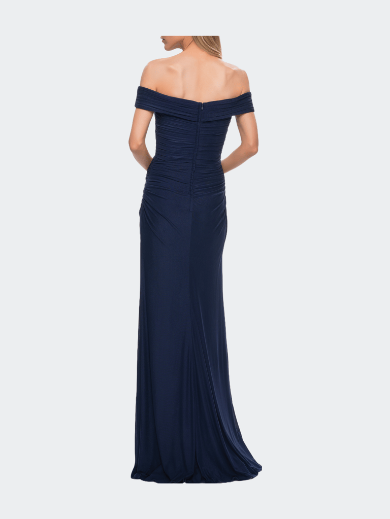 Ruched Off the Shoulder Net Jersey Evening Dress