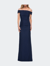 Ruched Off the Shoulder Net Jersey Evening Dress - Navy