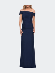 Ruched Off the Shoulder Net Jersey Evening Dress - Navy