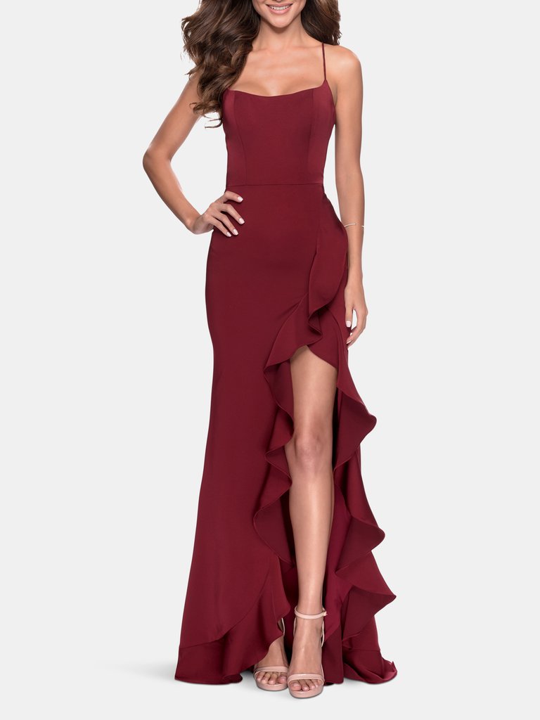 Ruffle Prom Dress With Scoop Neck and Lace Up Back - Wine