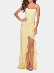 Ruffle Prom Dress With Scoop Neck and Lace Up Back - Pale Yellow