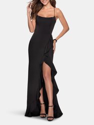 Ruffle Prom Dress With Scoop Neck and Lace Up Back - Black