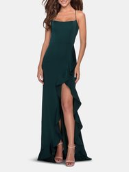 Ruffle Prom Dress With Scoop Neck and Lace Up Back - Emerald
