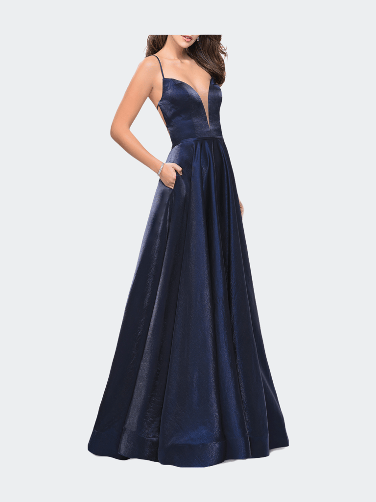 Satin A-line Gown with Deep V Sweetheart Neckline - Navy