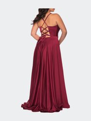 Satin A-line Plus Dress with Lace Up Back and Pockets