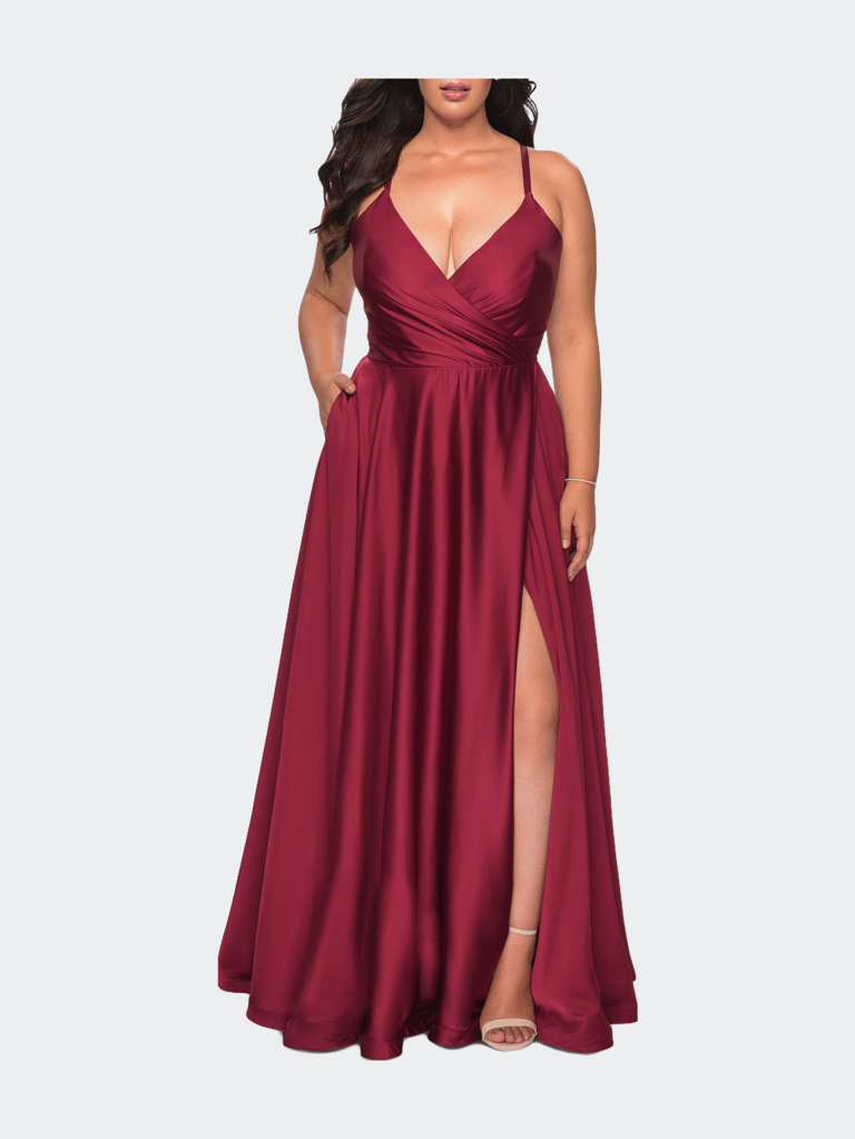 Satin A-line Plus Dress with Lace Up Back and Pockets - Wine