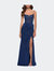 Satin Dress with Sheer Lace Bodice and Slit - Navy