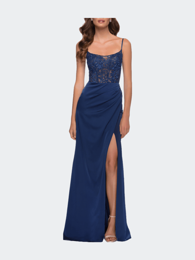 La Femme Satin Dress with Sheer Lace Bodice and Slit product