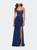 Satin Dress with Sheer Lace Bodice and Slit - Navy