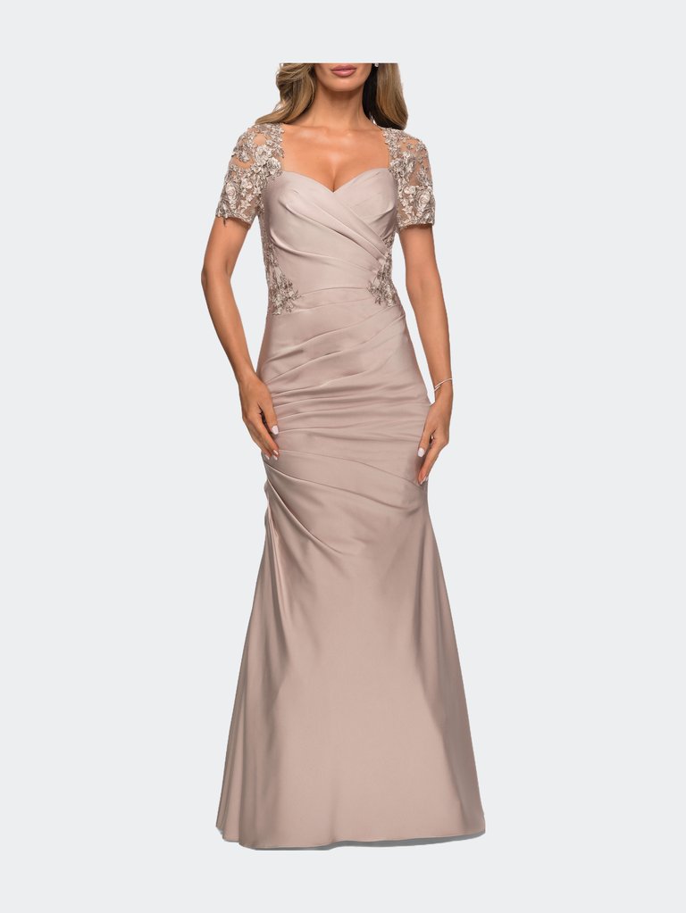 Satin Evening Dress with Lace and Scoop Neckline - Frost Rose