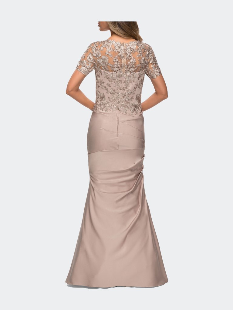 Satin Evening Dress with Lace and Scoop Neckline