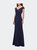 Satin Floor Length Gown With Ruched Detailing - Navy