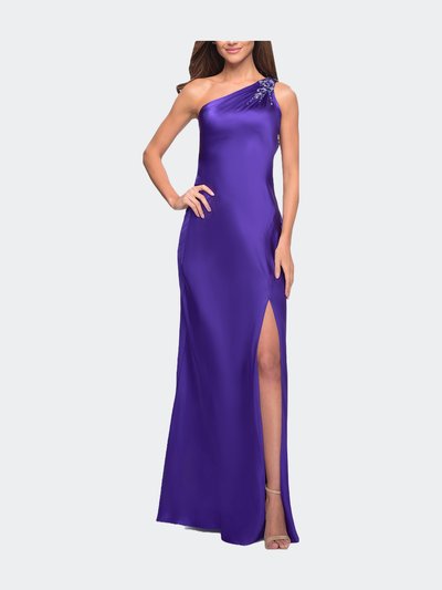 La Femme Satin Gown with Slit and One Shoulder Detail product