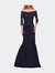 Satin Mermaid Gown with Off the Shoulder Lace Bodice - Navy