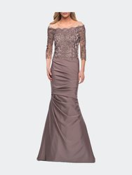 Satin Mermaid Gown with Off the Shoulder Lace Bodice - Cocoa