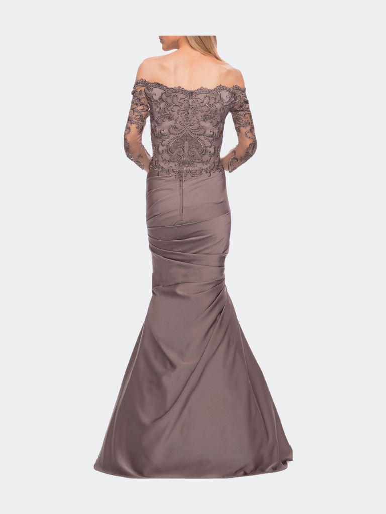 Satin Mermaid Gown with Off the Shoulder Lace Bodice