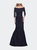 Satin Mermaid Gown with Off the Shoulder Lace Bodice - Navy