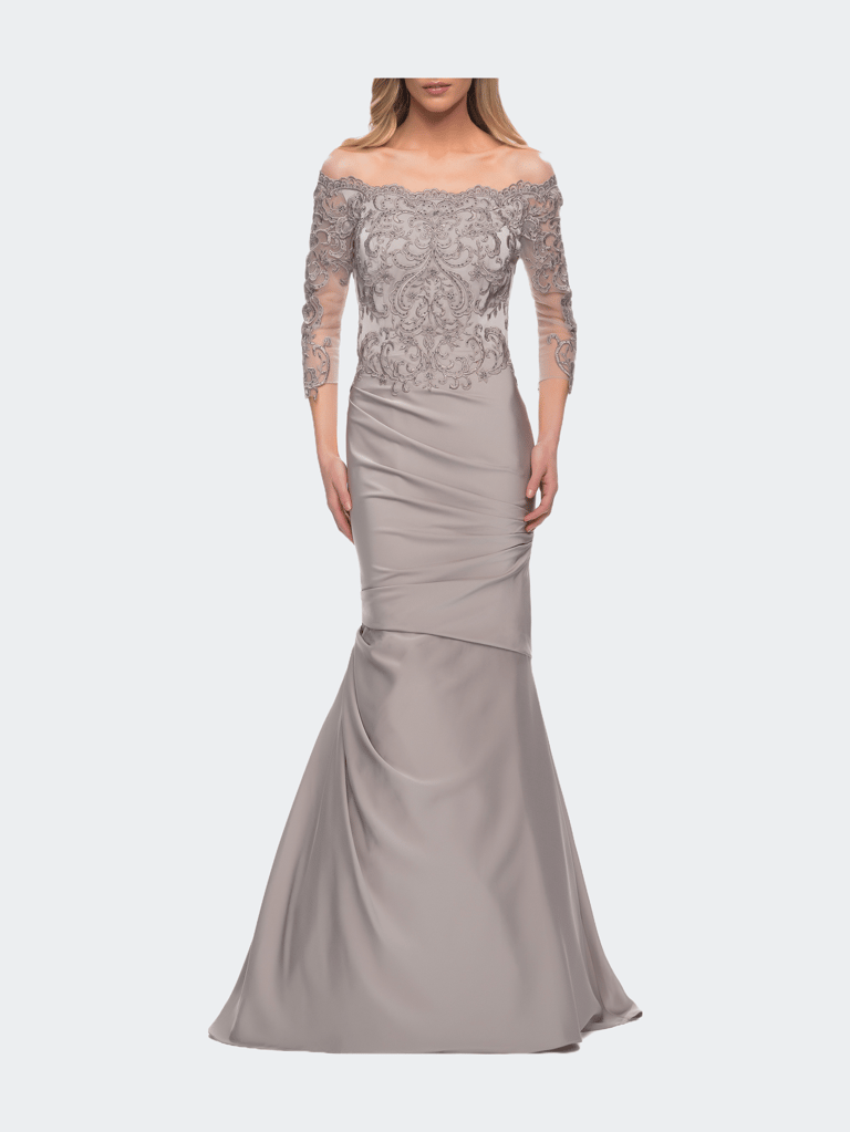 Satin Mermaid Gown with Off the Shoulder Lace Bodice - Silver