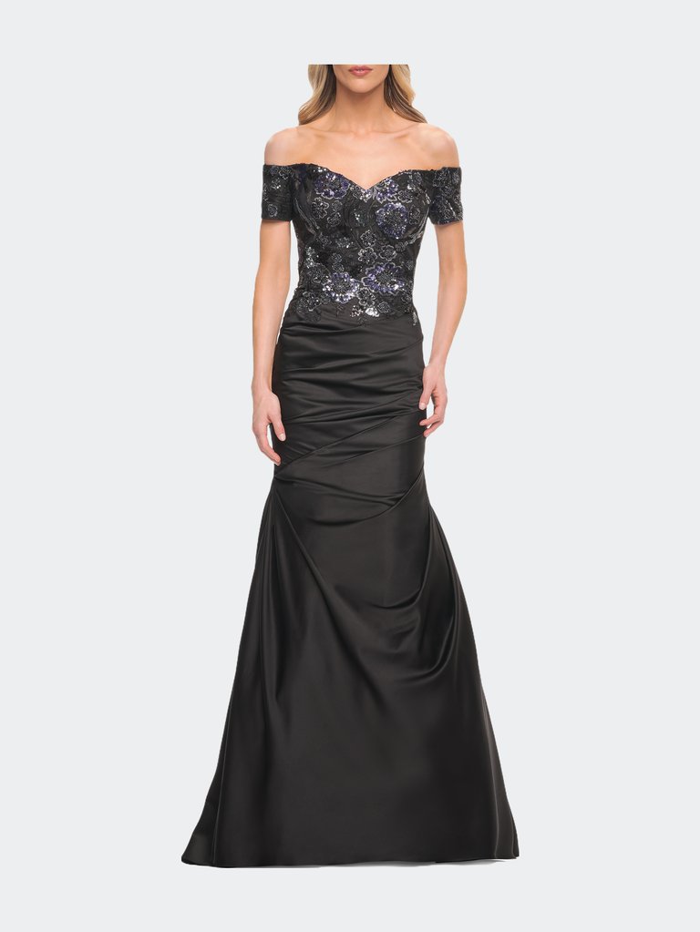 Satin Mermaid Gown with Sequin Beaded Top - Black