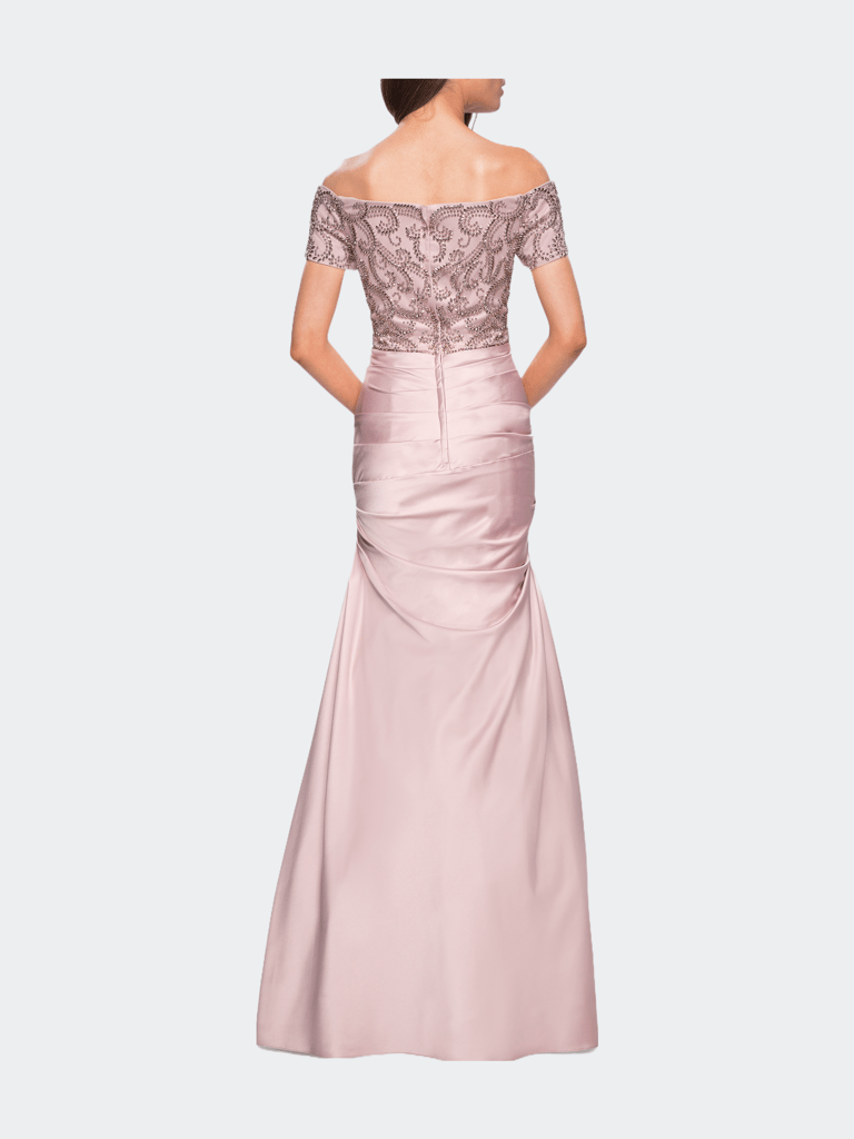 Satin Off the Shoulder Dress with Beaded Sleeves