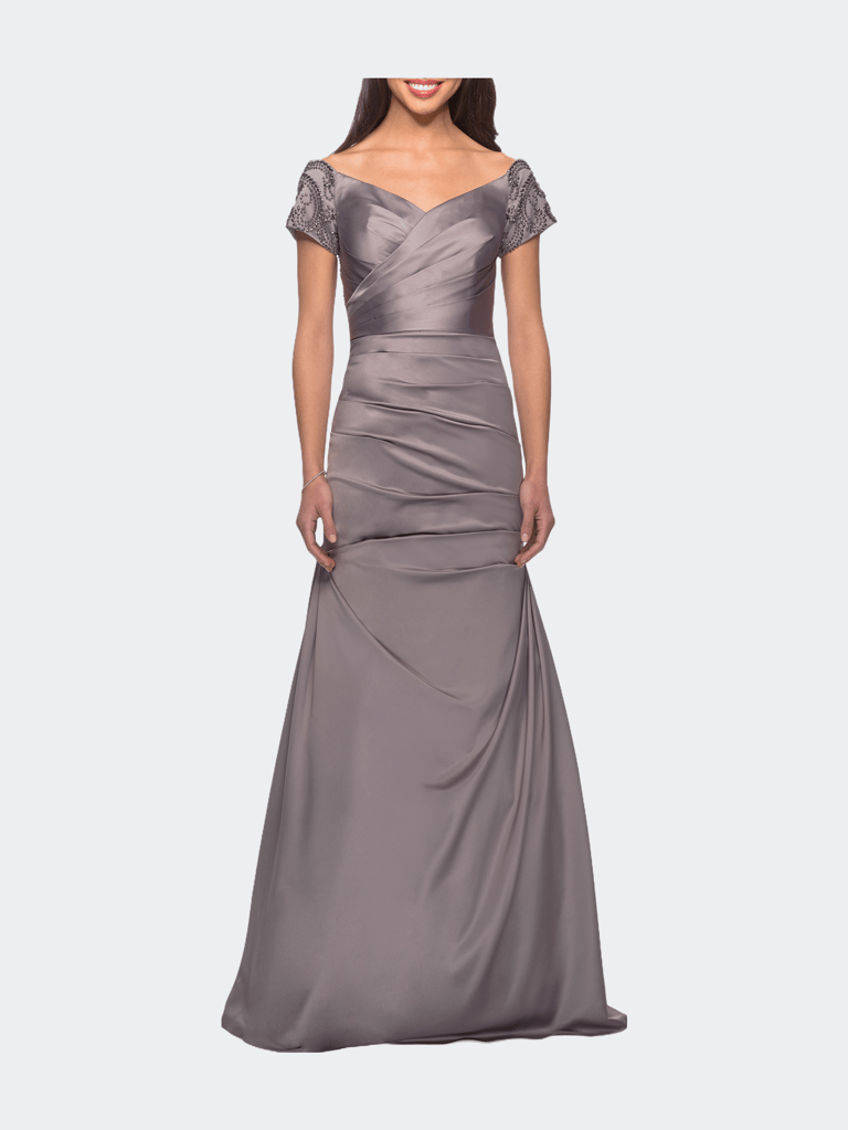 Satin Off the Shoulder Dress with Beaded Sleeves - Silver