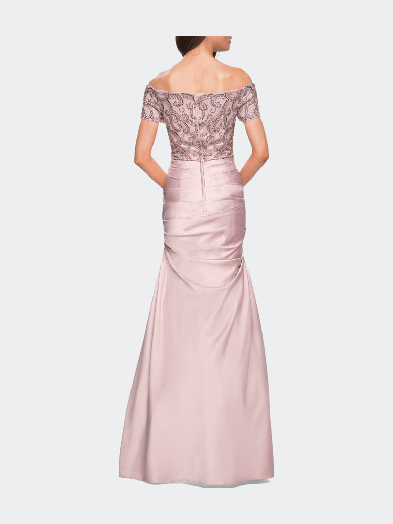 Satin Off the Shoulder Dress with Beaded Sleeves
