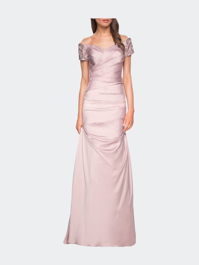 La Femme Satin Off the Shoulder Dress with Beaded Sleeves product