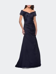 Satin Off the Shoulder Dress with Beaded Sleeves