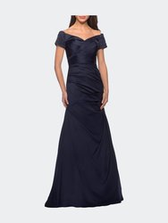 Satin Off the Shoulder Dress with Beaded Sleeves - Navy