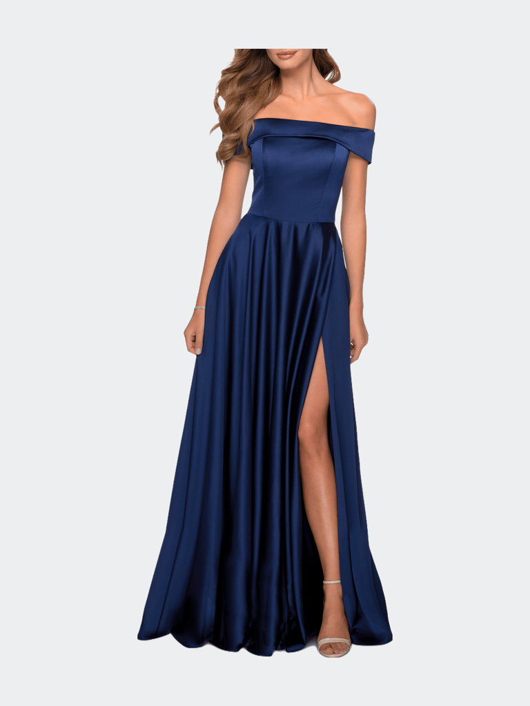 Satin Off the Shoulder Evening Dress with Pockets - Navy