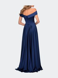 Satin Off the Shoulder Evening Dress with Pockets