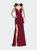 Satin Prom Dress with Open Back and Beaded Straps - Burgundy